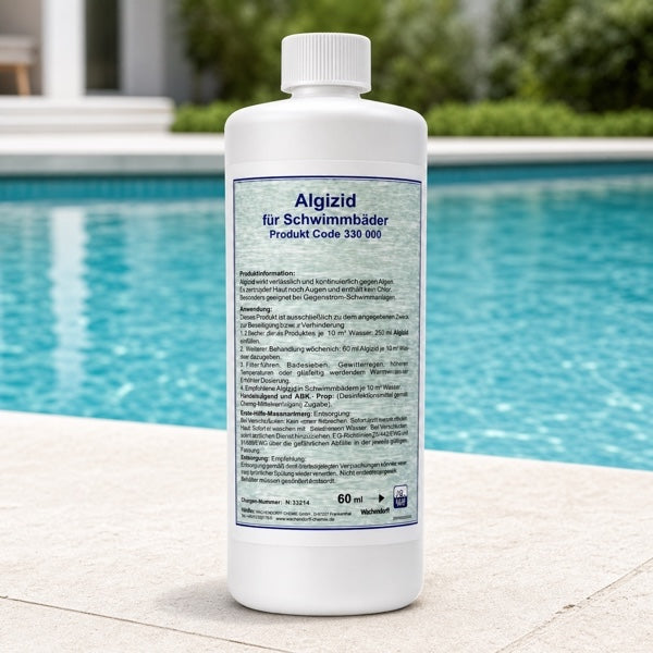 Chlorfreies Algizid für Schwimmbäder vor einem Pool.