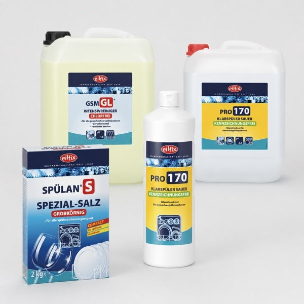 Eilfix Gläserreiniger, Klarspüler und Spezialsalz für gewerbliche Spülmaschinen.