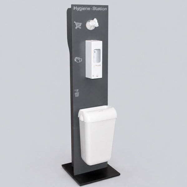 Mobile Hygiene-Station CLEAN & SAVE mit Desinfektionsspender, Handschuhhalter und Abfallbehälter.