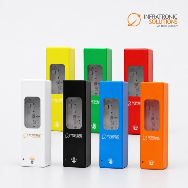 Kategoriebild automatischer INFRATRONIC Hygienespender in Weiß, Schwarz, Blau, Orange, Gelb, Grün und Rot mit Herstellerlogo.