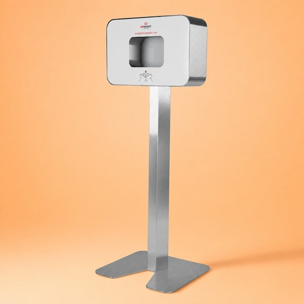 OPHARDT PRAESIDIO Hygienestation mit berührungslosem Desinfektionsmittelspender und Edelstahl-Standfuß.