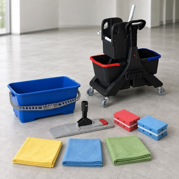 Professionelles Reinigungszubehör mit Reinigungswagen, Eimer, Klapphalter, Schwämmen und Mikrofasertüchern.