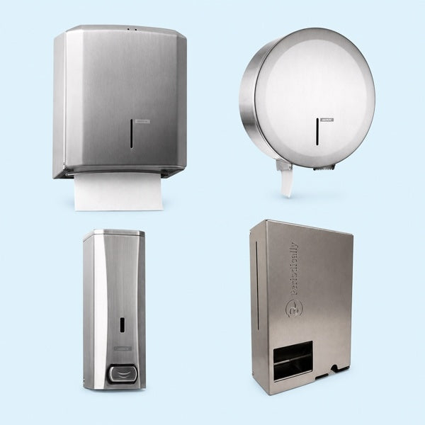 Edelstahlspender-Serie mit Seifen-, Handtuch-, Toilettenpapier- und Hygieneartikelspendern.