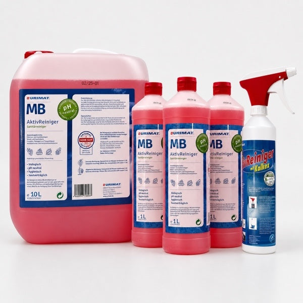 URIMAT MB Aktiv WC-Sprayduftreiniger mit 10-Liter-Kanister, Ein-Liter-Flaschen und Sprühflasche.