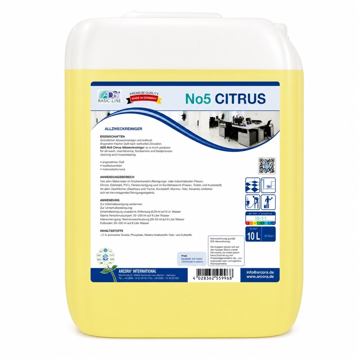 ADS No5 Citrus Allzweckreiniger 10 Liter Kanister für professionelle Reinigung.