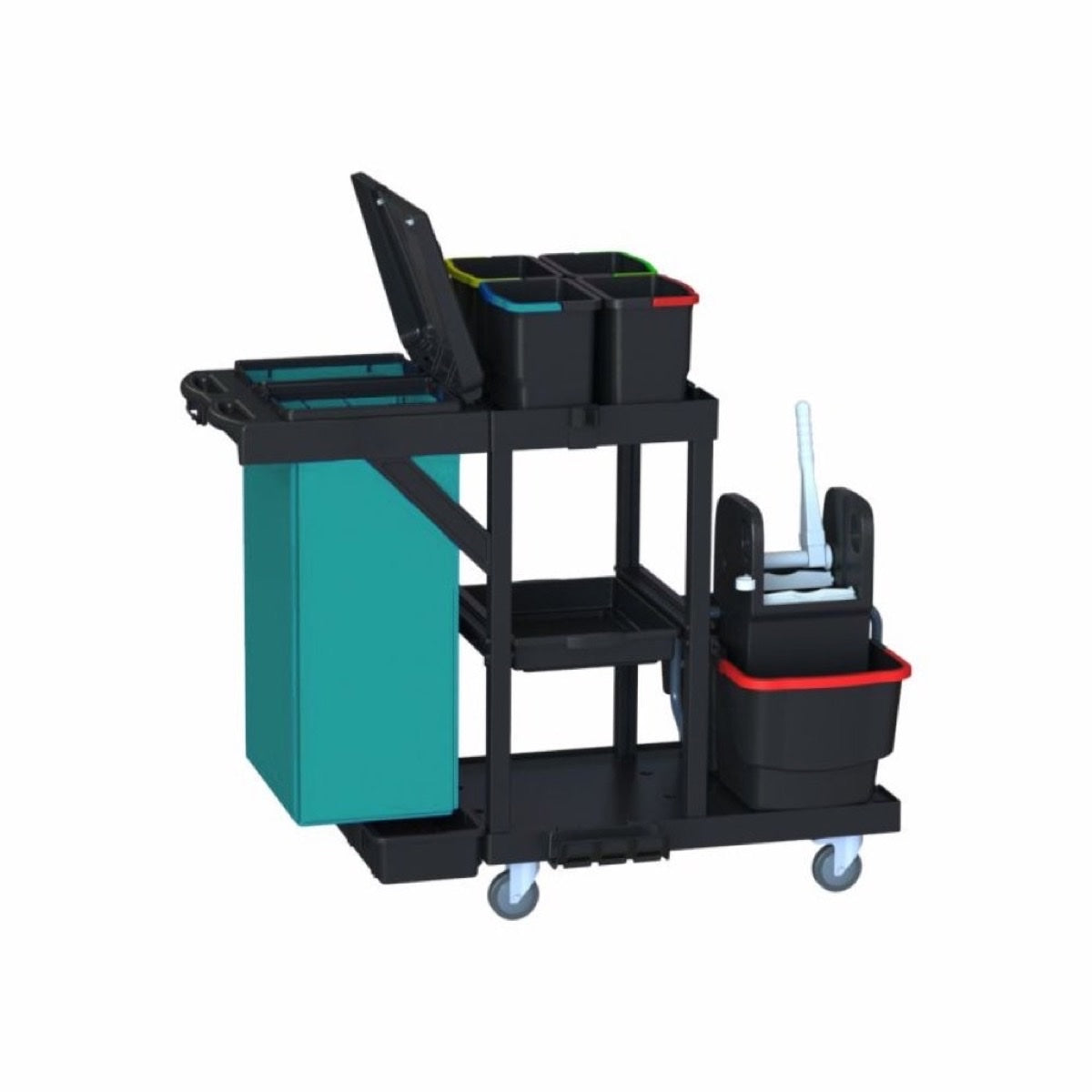 ARCORA ECOBLACK 440 Reinigungswagen aus Recyclingkunststoff mit Eimern und Presse.