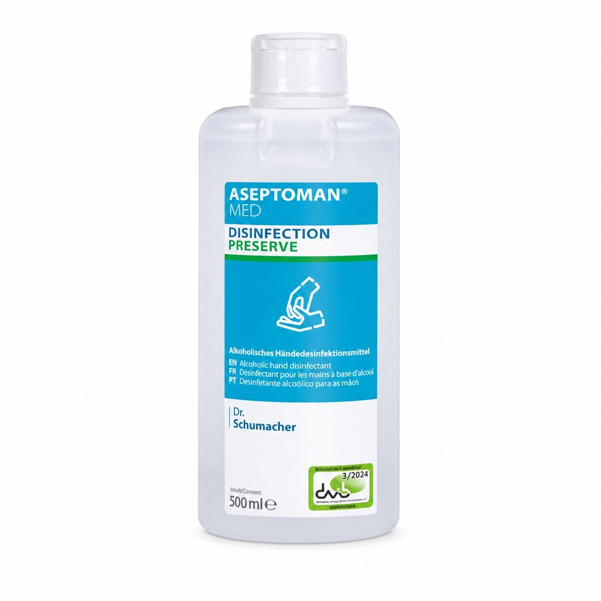 ASEPTOMAN MED alkoholisches Händedesinfektionsmittel in der 500-ml-Spenderflasche.