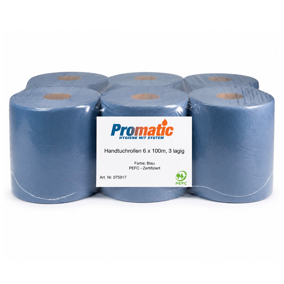 Blaue Handtuchrollen 3-lagig aus Recycling-Zellstoff von PROMATIC BUDGET, 6 Rollen à 100 m, PEFC-zertifiziert für Systemspender