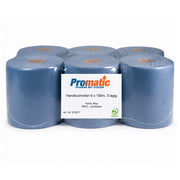 Blaue Handtuchrollen 3-lagig aus Recycling-Zellstoff von PROMATIC BUDGET, 6 Rollen à 100 m, PEFC-zertifiziert für Systemspender