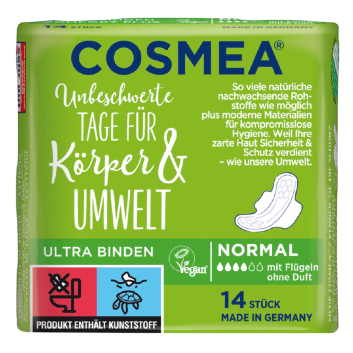 COSMEA Ultra Binden Normal mit Flügeln, ohne Duft, 14 Stück – grüne Verpackung.