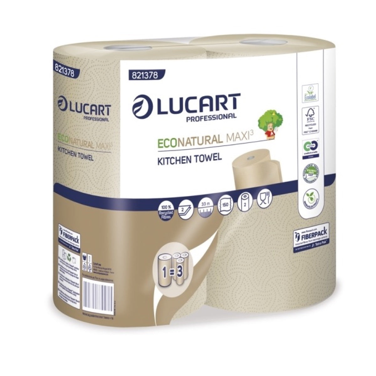 LUCART Eco Natural Maxi Küchenrollen 2-lagig aus recycelten Naturfasern, 2 Rollen