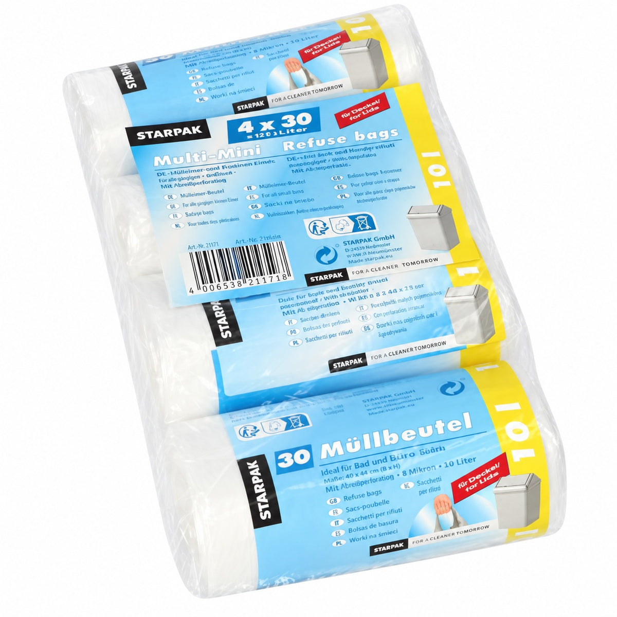 STARPАK/PAPSTAR Müllbeutel 10 Liter transparent mit Tragegriffen, Packung mit 4 × 30 Stück