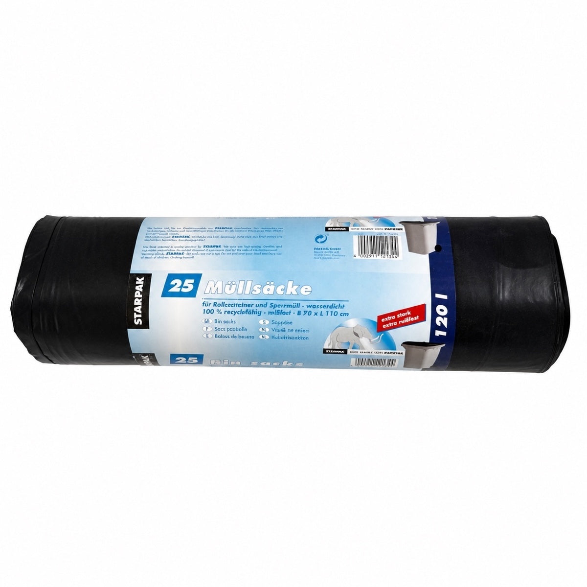 Schwarze PAPSTAR Müllsäcke Typ 60, 120 Liter, 25 Stück auf Rolle.