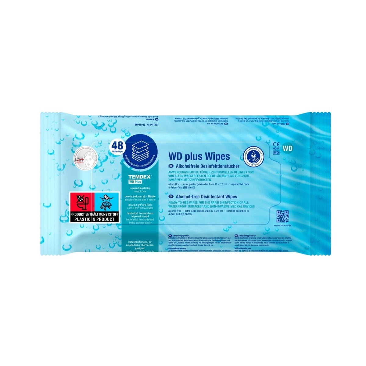 TEMDEX WD plus Wipes alkoholfreie Desinfektionstücher in der Packung mit 48 Tüchern