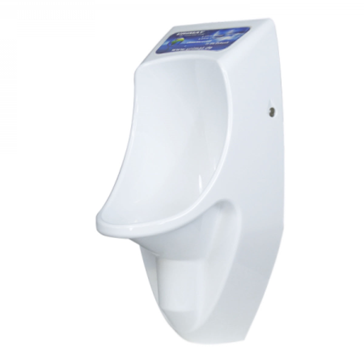 URIMAT compactplus wasserloses Urinal aus weißem Polycarbonat mit passivem Infodisplay.