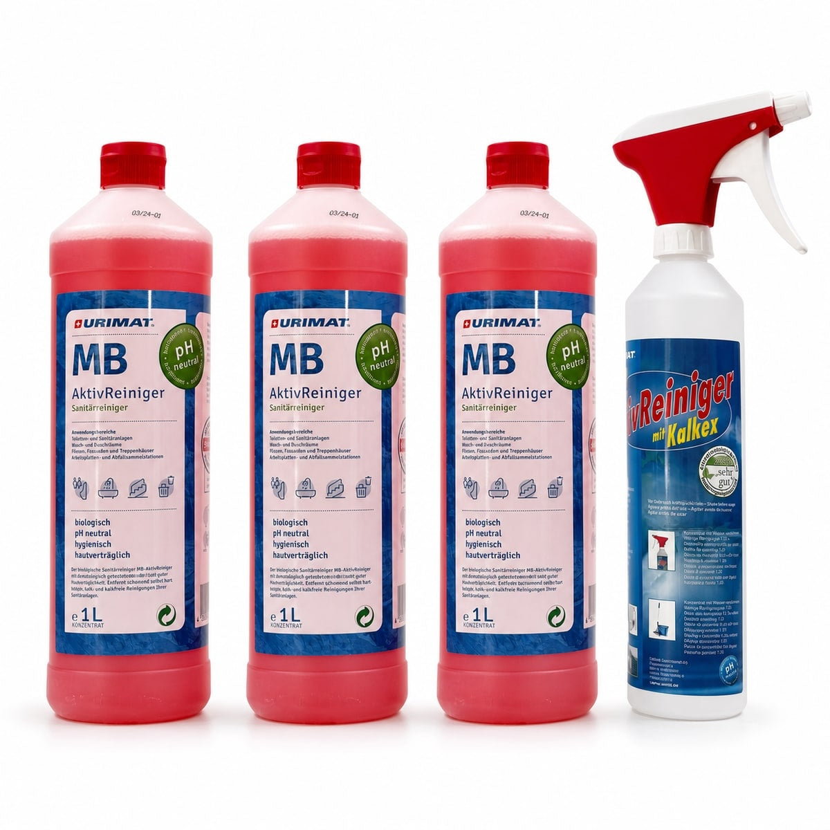 URIMAT MB-ActiveCleaner Set mit drei 1-Liter-Flaschen und kostenloser Sprühflasche.